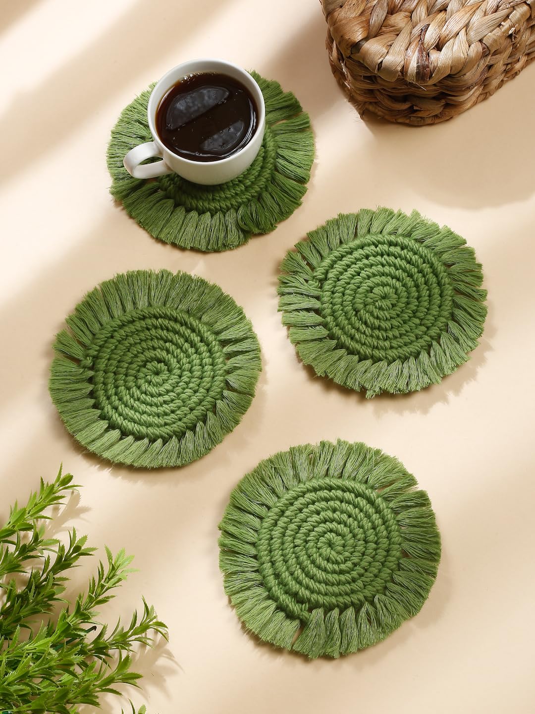 My Creative Hut Macrame Set Of 4 Round Coasters Bohemian Style, Handmade, More Absorbent, Traditional, Diwali Gifting, Multipurp
